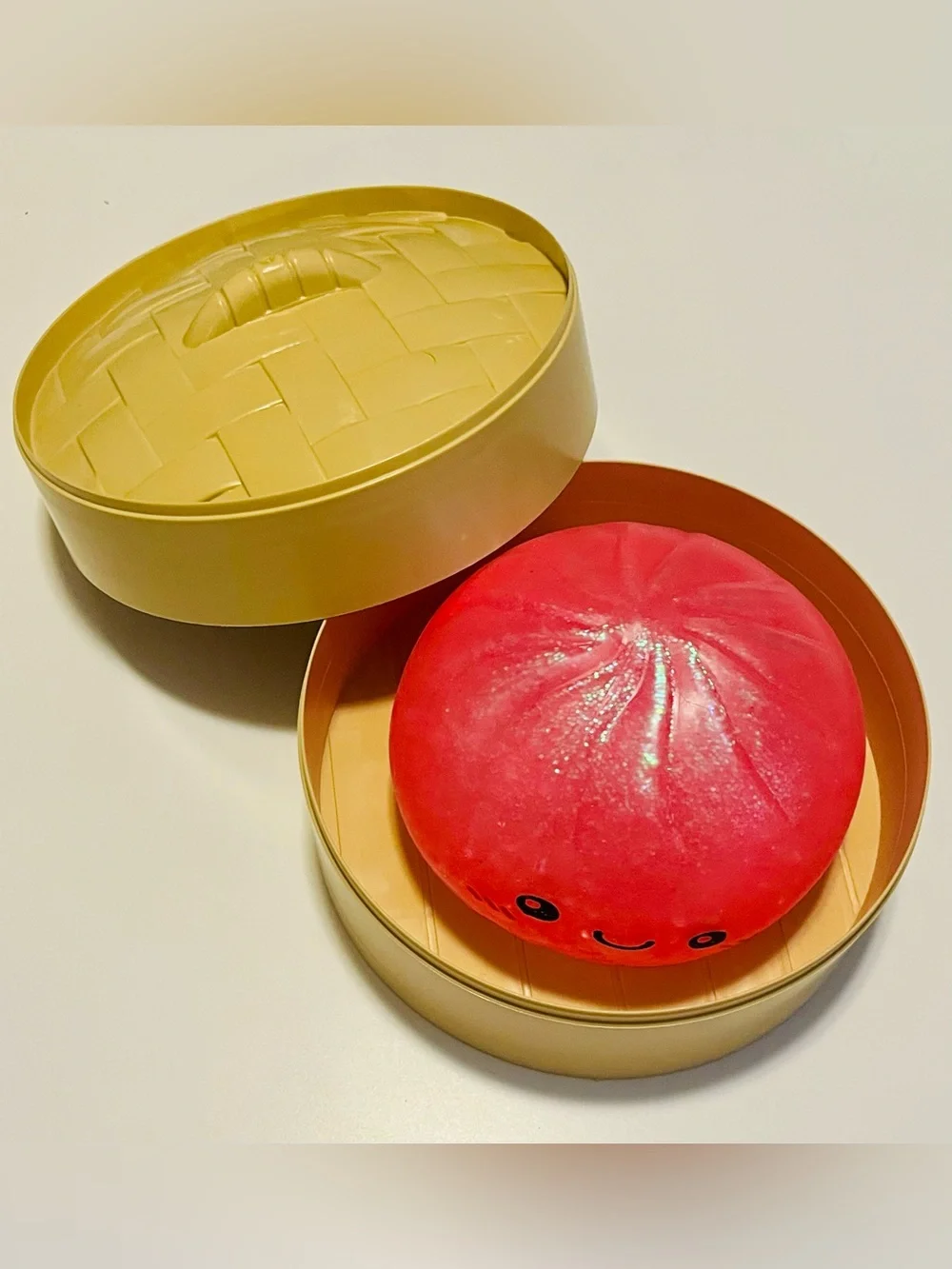 Giant Hot Pink Steamed Bun Squishy in Round Bamboo Box